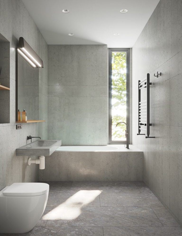 Yanar Haustechnik - Badezimmer Modernes Badezimmer mit grauen Wänden, Dusche, WC und Fenster mit Blick ins Freie.